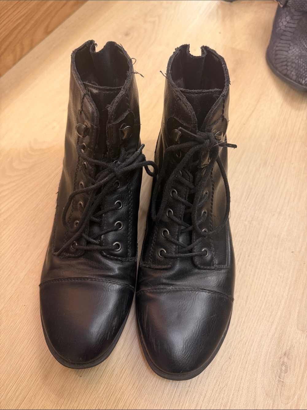 Bass Black Leather Lace-Up Combat Boots